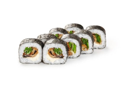 Set of appetizing norimaki rolls filled with eel, chopped scallions and cream cheese, traditionally wrapped in rice and nori sheet, presented on white background. Popular Japanese snack
