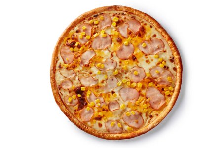 Appetizing Italian style pizza on classic thin dough with browned edge, creamy sauce, melted mozzarella and slices of smoked chicken fillet, sprinkled with corn kernels, isolated on white background