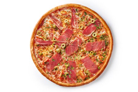 Classic Italian pizza with pelati sauce and melted mozzarella topped with slices of prosciutto, green olives, cherry tomatoes, and sprinkled with fresh parsley, top view isolated on white
