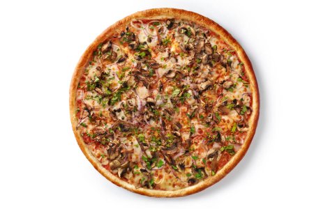 Savory golden pizza with crispy edges, pelati sauce and melted cheese topped with aromatic mushrooms and sweet onions, garnished with chopped fresh herbs, top view isolated on white
