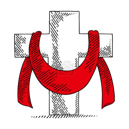 Illustration for Simple black and white drawing of the cross with a red cloth around it - Royalty Free Image