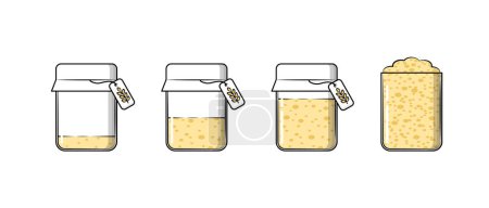 Illustration for Set of sourdough yeast starter on different stages of growth. Homemade dough for craft bread in glass jar with tag. Healthy gluten free bakery. - Royalty Free Image