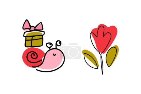 Illustration for Cute snail with birthday present, red flower. Colorful childrens illustration for the design of cards, poster, invitation, clothes. Happy birthday - Royalty Free Image