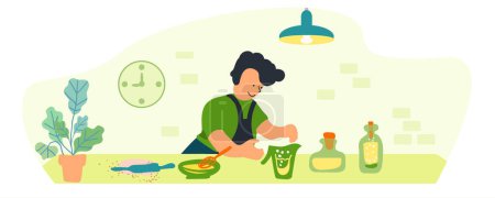 Illustration for A man makes a pie. Preparing desserts and pastries. Kitchen, green interior. Vector illustration, Not AI, hand drawn - Royalty Free Image