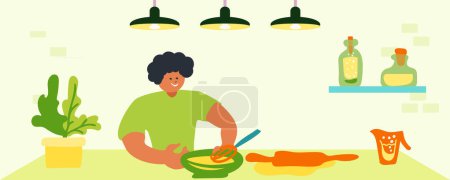Illustration for The cook prepares the filling for the dough. Preparing desserts and pastries. Kitchen, green interior. Man, cook, spices, dishes, sweets, sauce. Healthy eating concept. Vector illustration. - Royalty Free Image
