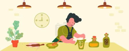 Illustration for The cook prepares the filling for the dough. Preparing desserts and pastries. Kitchen, green interior. Healthy eating concept. Vector illustration. - Royalty Free Image