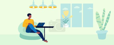 Illustration for A man with a laptop in a chair. Interior. Vector illustration. - Royalty Free Image