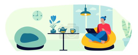 Illustration for Man, interior, relaxation, lamps, laptop, vector illustratio - Royalty Free Image