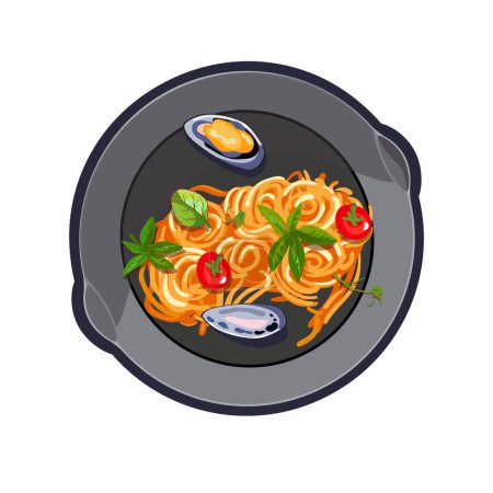 Téléchargez les illustrations : Nourriture italienne dans une poêle. Spaghettis aux fruits de mer. Aliments sains appétissants. Une saine alimentation. Plat réaliste pour menus restaurant et café. Illustration vectorielle - en licence libre de droit