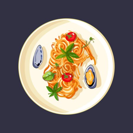 Téléchargez les illustrations : Paella aux moules dans une assiette. Tomates cerises aux herbes. Déjeuner sain. Une saine alimentation. Menu pour restaurant et café. Illustration vectorielle - en licence libre de droit