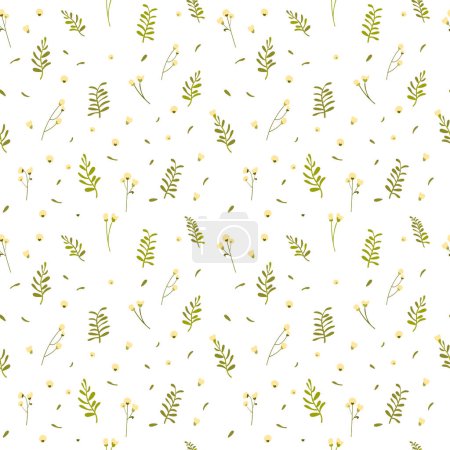 Botanical seamless pattern hand drawn. White background with delicate flowers and leaves. Minimalist style. Blooming cotton. Vector illustration.