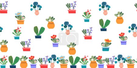 Botanical seamless pattern for printing textiles, paper, cards. Indoor flowers. House plants in pots for the interior. Minimalism. Vector illustration.
