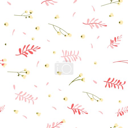 Botanical seamless pattern hand drawn. White background with delicate flowers and leaves. Minimalist style. Vector illustration.
