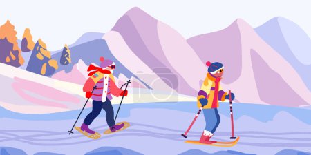 Old people on a ski trip. Mountain landscape with ski tracks. Winter holidays and travel. Minimalism. Vector illustration.