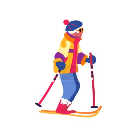 An adult gray-haired lady on a ski trip. Winter holidays and travel. Minimalism. Vector illustration.
