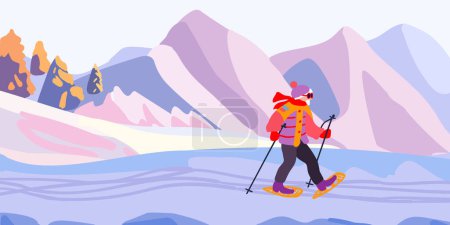An elderly man on a ski trip. Mountain landscape with ski tracks. Winter holidays and travel. Minimalism. Vector illustration.