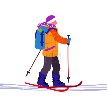 Ein Mann auf Skiausflug. Berglandschaft mit Skipisten. Winterurlaub und Reisen. Minimalismus. Vektorillustration.