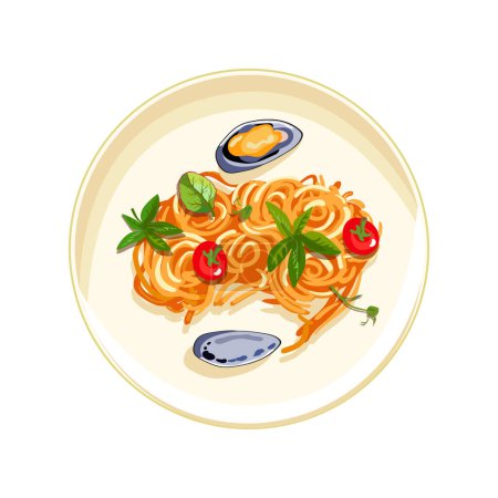 Téléchargez les illustrations : Paella aux fruits de mer dans une assiette. Tomates cerises aux herbes et aux moules. Petit déjeuner sain. Une saine alimentation. Illustration vectorielle - en licence libre de droit