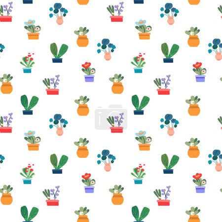 Botanical seamless pattern for printing textiles, paper, cards. Indoor flowers. House plants in pots for the interior. Minimalism. Vector illustration.