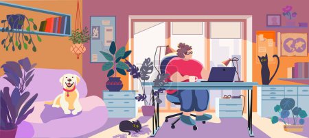 Fat woman working on a laptop while sitting at the table in a cozy interior. Dog and cat. Pet friendly. Adult or young programmer guy wearing casual plus size wear. Vector illustration