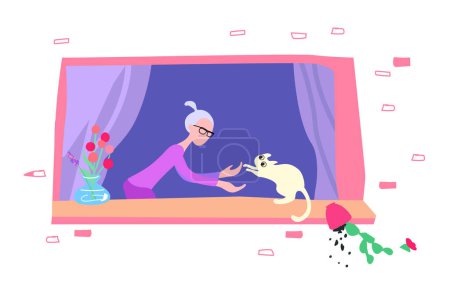 A woman stretches out her hands to a white cat on the window. The kitten dropped a flower pot. Cheerful vector illustration with a brick wall and a window with a curtain. For poster, fabric, paper