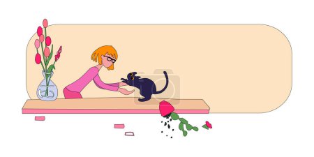 A young woman picks up a cat from the windowsill. The kitten dropped a flower pot. Scene of love and friendship between human and pet for poster. Flat vector illustration