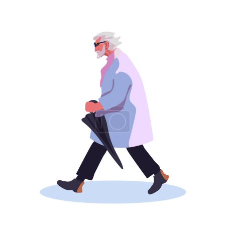 Téléchargez les illustrations : Un vieil homme en imperméable avec un parapluie noir plié. Grand-père aux cheveux gris en promenade. Graw main bande dessinée isolée. Illustration vectorielle plate - en licence libre de droit