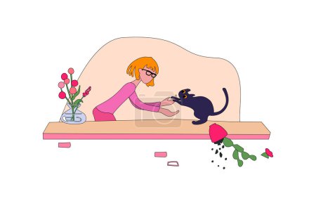 A young woman picks up a cat from the windowsill. The kitten dropped a flower pot. Scene of love and friendship between human and pet. For poster, fabric, paper, printing on childrens and adult