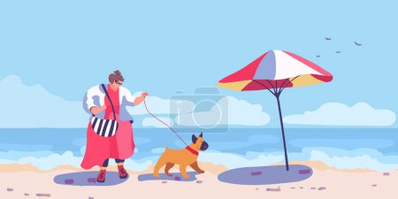 Eine übergewichtige Frau in einem modischen roten Kleid und einer Bulldogge geht auf einen Sonnenschirm am Strand zu. Lifestyle am Meer Ferienort. Haustierfreundlich. Meeresküste. Malediven entspannen. Flacher Vektor