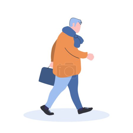 Téléchargez les illustrations : Un vieil homme énergique marche vite. Un personnage dans une veste jaune et une écharpe bleue avec une mallette. Cheveux gris et excès de poids. Caricature isolée Illustration vectorielle plate - en licence libre de droit