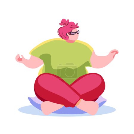Eine übergewichtige Frau sitzt in der Lotusposition auf der Matte. Yoga-Kurs. Lebensstil und Selbstakzeptanz. Komisches Charaktermädchen. Vektorillustration.
