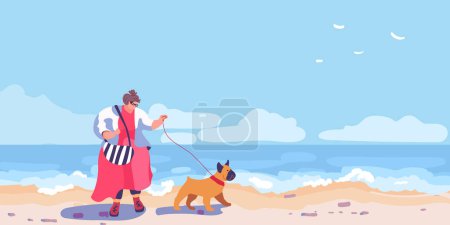 Dicke Frauen in Rot gehen mit einer Bulldogge am Meeresufer spazieren. Strandszene im Ferienort am Meer. Sommerurlaub.Meeresküste. Malediven Entspannung, Erholung und Erholung. Flache Vektorabbildung