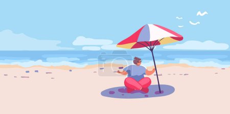 Overweight woman sits in the lotus position on the ocean shore under a colorful beach umbrella. Lifestyle and self acceptance. Comical character girl. Vector illustration.