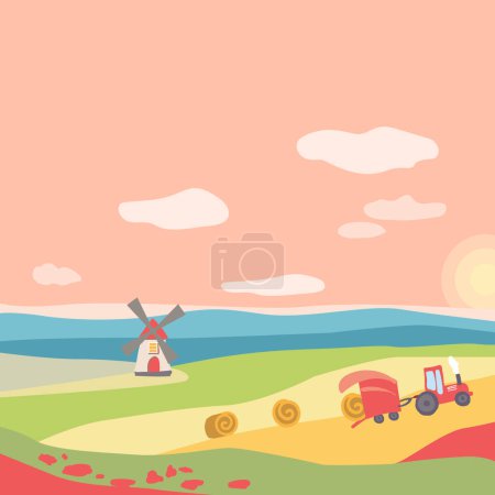 Summer square poster with fields and harvesting. Windmill, tractor with hay. Setting sun on a pink sky with clouds. Template for poster, web page, text or banner. Vector illustration