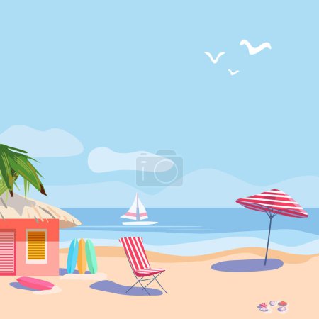 Cartel de verano con bungalow y palmera a orillas del mar. Tablas de surf, tumbonas y sombrilla. Conchas en la arena. Plantilla para póster, página web, texto o banner. Ilustración vectorial plana