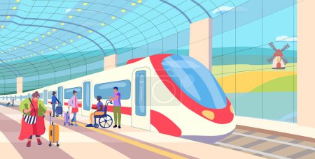 Overground metro station. Train on an open platform with passengers. Inclusion human. A plump lady with a suitcase. Landscape with a mill in the fields. Vector poster