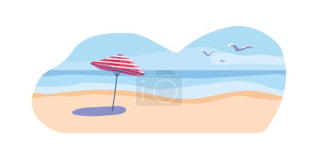 Summer background. Seashore with a striped red umbrella and shadow on the sand. Seagulls in the blue sky with clouds. Background. Template for poster, web page, text or banner. Vector illustration