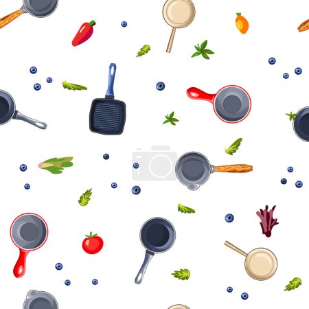 Seamless pattern with frying pans on a white background for printing in cafe and restaurant menus. Bright dishes for roasting and stewing food with spices and lettuce. Realistic vector illustration