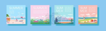Set of summer travel and vacation posters. Landscapes of sea resorts, mountains and fields. Road with trees and transport near the city. Template for poster, web page or banner. Flat vector