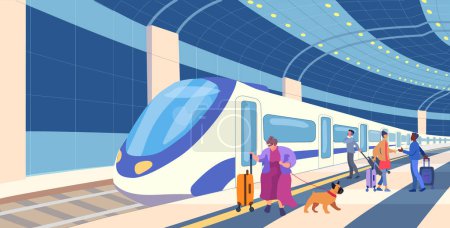Railway. Metro station. Night Train. Passenger carriages on a platform with people. Inclusion human. Travel of a big woman with a dog and luggage. Meeting. Vector illustration