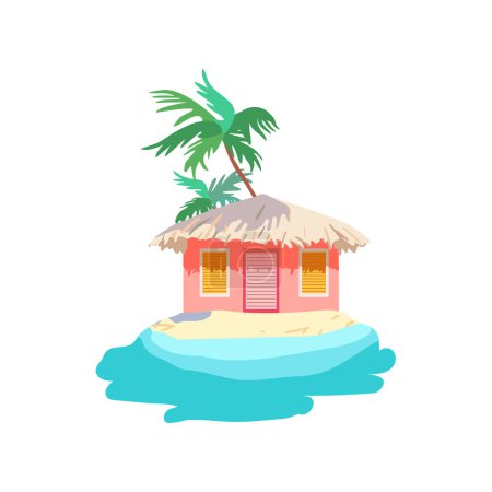 Téléchargez les illustrations : Bungalow rose isolé toit de chaume Sable jaune Palmier tropical Mer Mer Mer Vacances marine Impression vectorielle plate été affiche affiche vêtements papier - en licence libre de droit