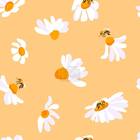 Sommer Muster Gänseblümchen Biene gelb Hintergrund. Insekt weißen Blüten dekorative nahtlose Gestaltung. Quadratische Postkartenvorlage Vektor Illustration