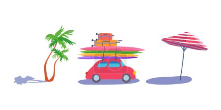 Téléchargez les illustrations : Set Isolé Voiture rétro rouge Valises planche de surf Palmier tropical Parapluie de plage rayé blanc rouge Clipart Vecteur plat - en licence libre de droit