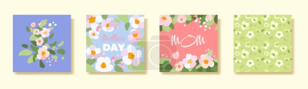 4 trendy square Mothers Day card Banner poster Flyer Sakura apple tree branch label or cover flowers frame floral pattern Retro art style Spring summer bright floral template ads promo