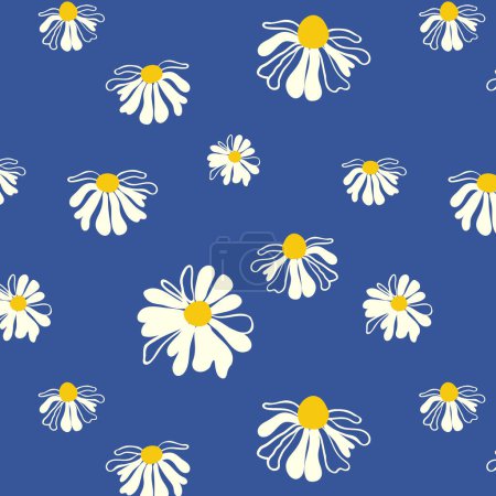 Fondo de margarita de verano Patrón sin costuras azul primavera prado blanco flores ornamento Plantilla embalaje cartel Fondo de pantalla chintz cambric muslin