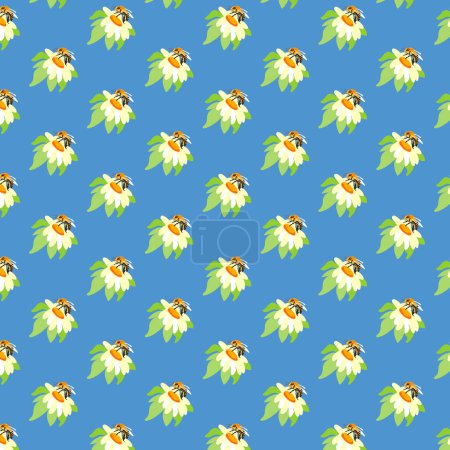 Summer background peonies bee Blue seamless pattern spring white green meadow flower ornament wrapping fabric wallpaper chintz cambric muslin template