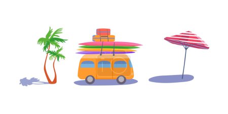 Téléchargez les illustrations : Set Valises de bus jaunes isolées planches de surf Palmier tropical Parapluie de plage rayé blanc rouge Clipart Vecteur plat - en licence libre de droit