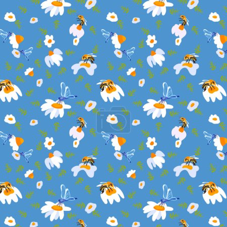 Fondo de verano margarita abeja azul claro patrón sin costuras primavera prado blanco flor exuberante follaje ornamento envoltura tela papel pintado textil mosaico