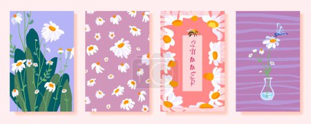 Set Summer Poster Frame Wildflowers. white daisy bee dragonfly lush foliage Simple wild wildflower plant Template postcard pattern vertical Wallpaper cloth cloth Wallpaper textile cute vector