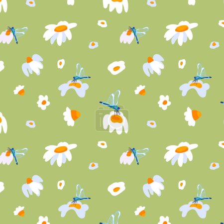 Ilustración de Fondo de verano margaritas libélula Patrón inconsútil verde flor de primavera pradera flor exuberante follaje ornamento envoltura tela papel pintado textil mosaico - Imagen libre de derechos